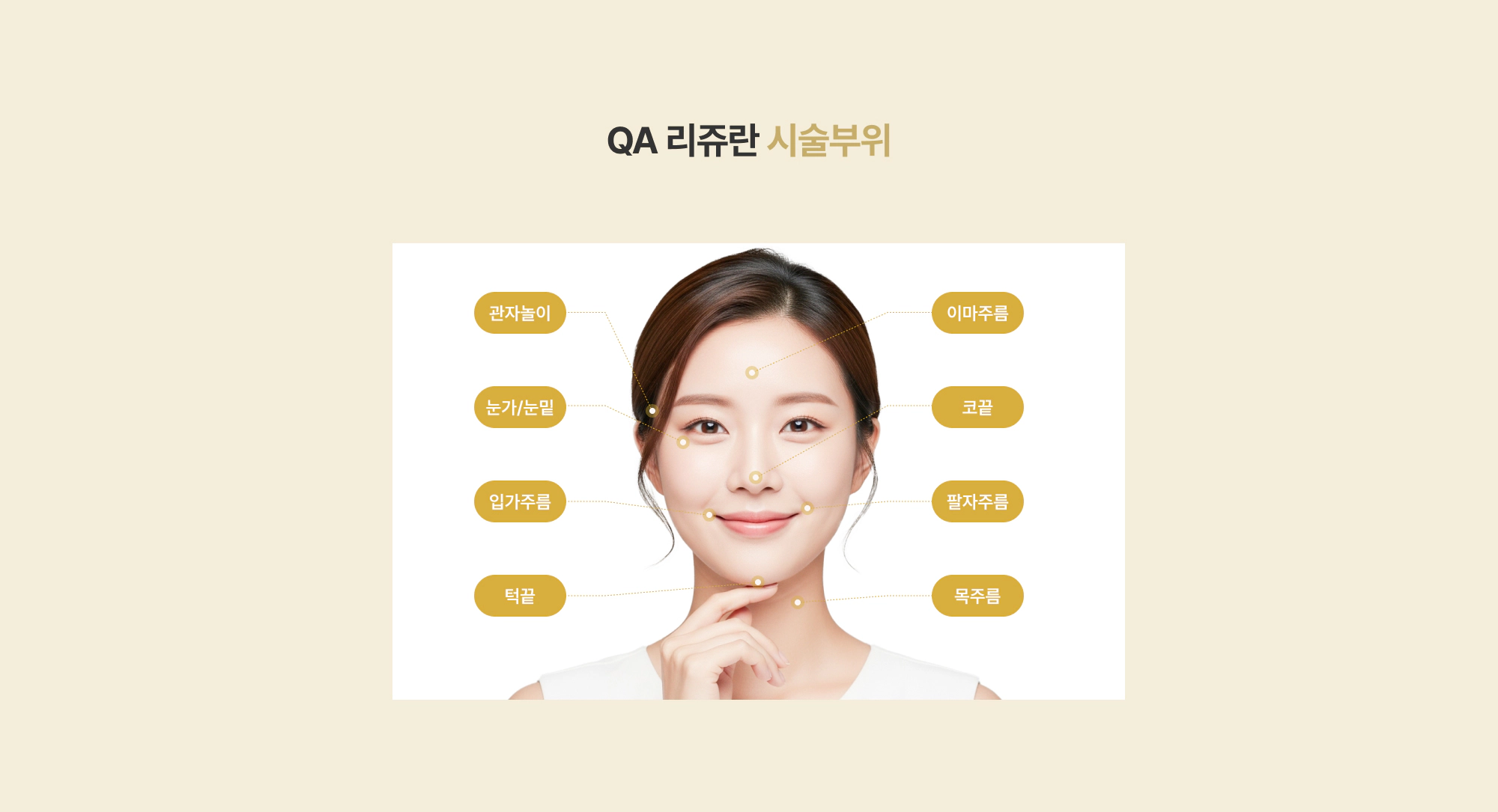 QA 리쥬란 시술부위 관자놀이 눈가 눈밑 입가주름 턱끝 이마주름 코끝 팔자주름 목주름